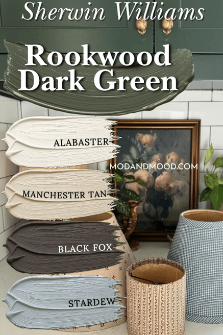 Sherwin Williams Rookwood dark green swatched with coordinating colors alabaster, manchester tan, black fox, and stardew over a photo of the color on kitchen cabinets.