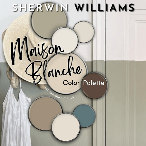 All 7 of the coordinating colors for sherwin williams maison blanche from the post with a sage and cream background