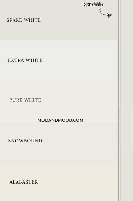 Sherwin Williams Spare White on trim with Pure White, Extra White, Alabaster, Snowbound