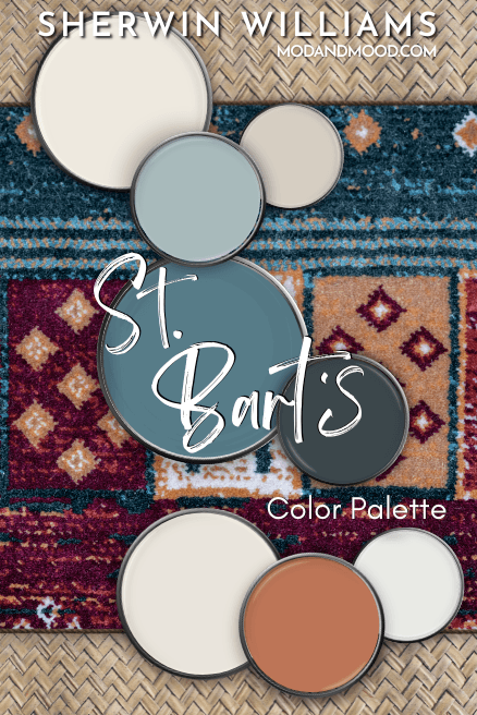 Sherwin Williams St Barts in a color palette with all the colors from the article unlabelled over a background of a rug in similar colors