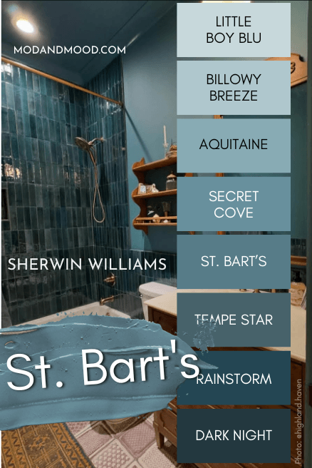 St Barts color strip features colors from light to dark: Little boy blu, Billowy Breeze, Aquitaine, Secret Cove, St. Bart's, Tempe Star, Rainstorm, and Dark night over a photo of St. Barts in a bathroom with matching shower tile.
