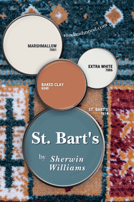 Sherwin Williams color palette for St. Bart's features coordinating colors baked clay, Extra White, and Marshmallow, all swatched on paint lids alongside St. Bart's over a rug in similar colors