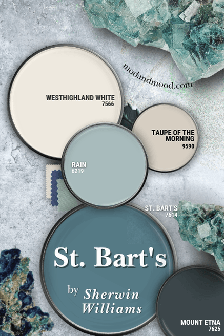 Sherwin Williams St. Bart's in a color palette with Mount Etna, Taupe of the Morning, westhighland white, and Rain, over a cement gray bakground with blue and green rocks and crystals around.