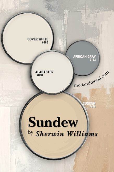Sherwin williams Sundew in a color palette with coordinating colors Dover White, Alabaster, and African Gray.