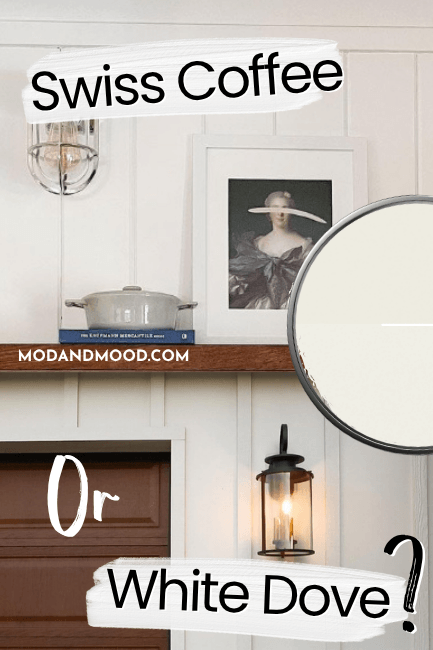 Swiss Coffee on a beadboard wall above White Dove on an exterior wall. Swatches of both are on a paint lid on the right hand side. Graphic reads: "Swiss Coffee or White Dove?"