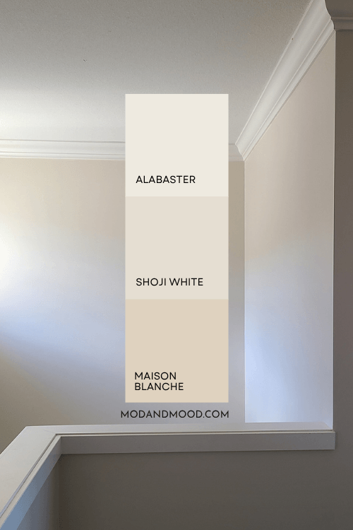Sherwin Williams Alabaster, Shoji White, and Maison Blanche over a background of a creamy neutral stairwell