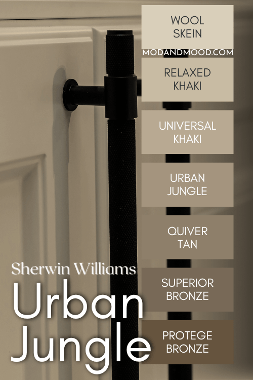 Sherwin Williams Urban Jungle color strip features colors from light to dark: Wool Skein, Relaxed Khaki, Univeral Khaki, Urban Jungle, Quiver tan, superior bronze, and protege bronze over a photo of a similar color on cabinets.