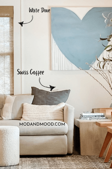 Benjamin Moore White Dove trim around a window vs Swiss Coffee on the walls in a living room