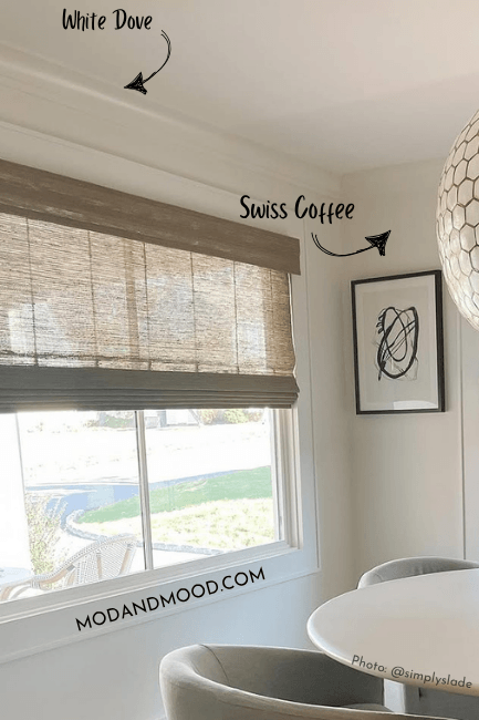 Benjamin Moore white dove glistening in trim paint on swiss coffee walls in a dining room