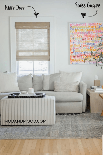Benjamin Moore Swiss Coffee and White Dove where they look the most white. White Dove is on trim around a living room window and Swiss Coffee is on the walls.