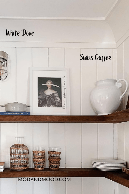 Benjamin Moore Swiss Coffee on a beadboard wall with floating wooden shelves and White Dove on the trim.