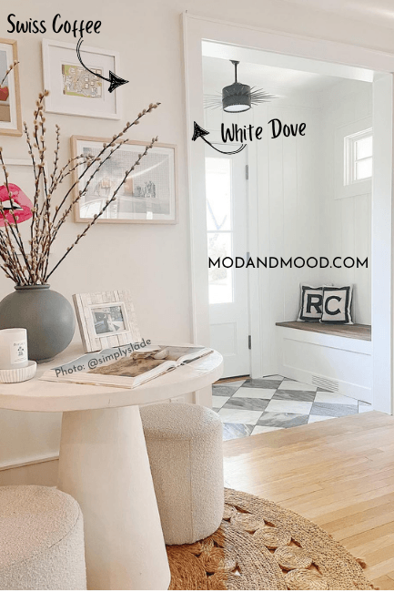 White Dove on trim and Swiss Coffee on walls in a stylish white living room and entrance hall.
