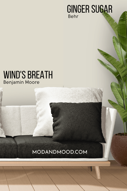 Benjamin Moore Winds Breath on half of a wall and Behr version Ginger Sugar on the other half.