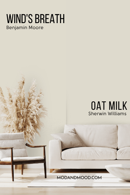 Sherwin Williams dupe for Wind's Breath (Oat Milk) swatched beside the original color behind a beige sofa and pampas grass.