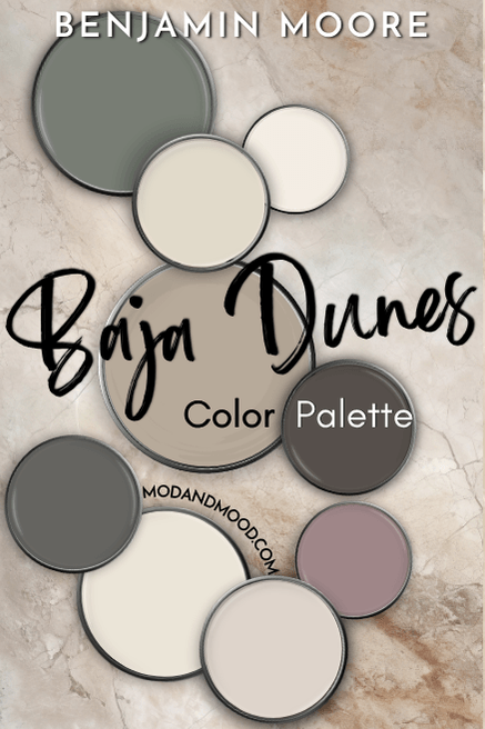 Benjamin Moore Baja Dunes Color Palette. All coordinating colors unlabelled from the post and displayed over a stone background