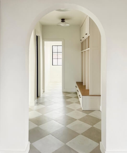 Sherwin Williams Shoji White on cabinets in a hallway