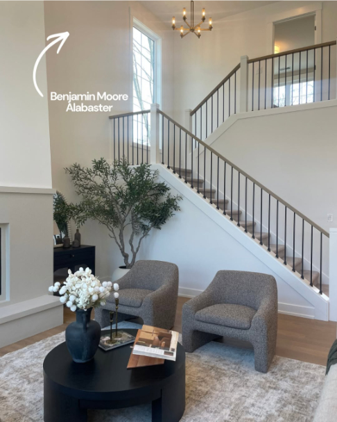 Benjamin Moore Alabaster on walls in an open plan staircase
