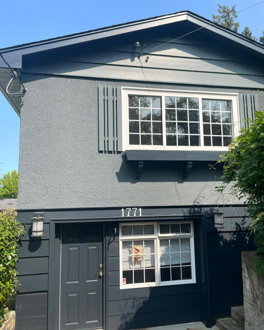 Farrow and Ball Downpipe with Railings on an exterior where the color looks totally gray.