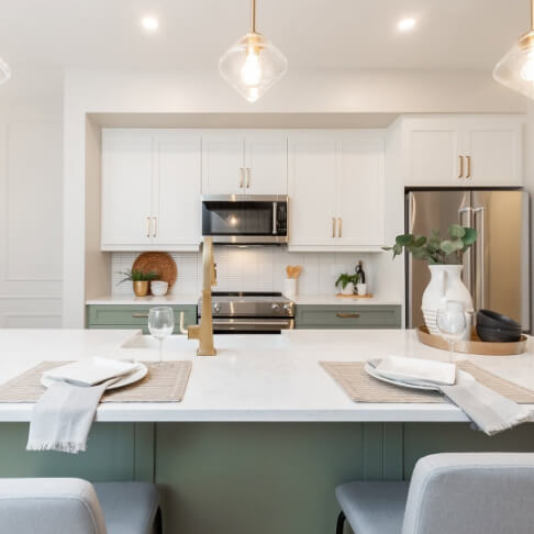 Kitchen cabinets in Greek Villa and Evergreen Fog