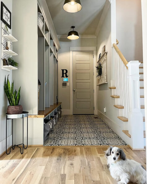 Sherwin Williams Light French Gray on a door at the end of a hallway