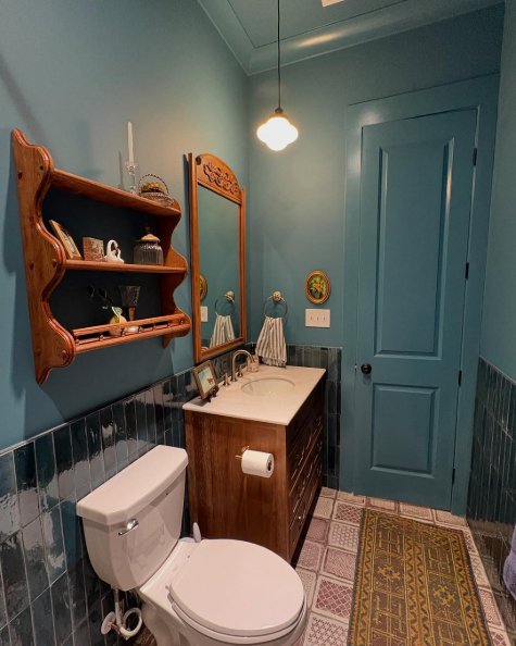 Sherwin Williams St. Bart's in a color drenched bathroom.