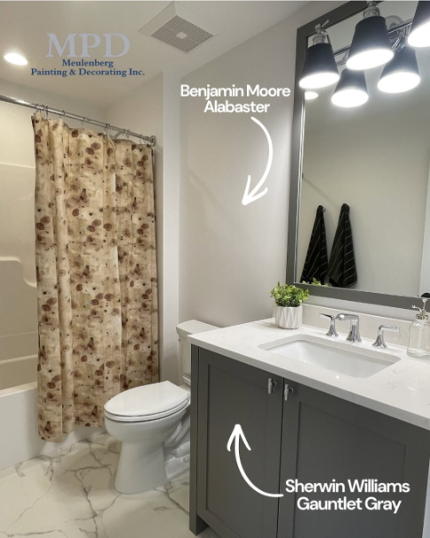 Benjamin Moore Alabaster on walls in a bathroom with a sherwin williams gauntlet gray vanity