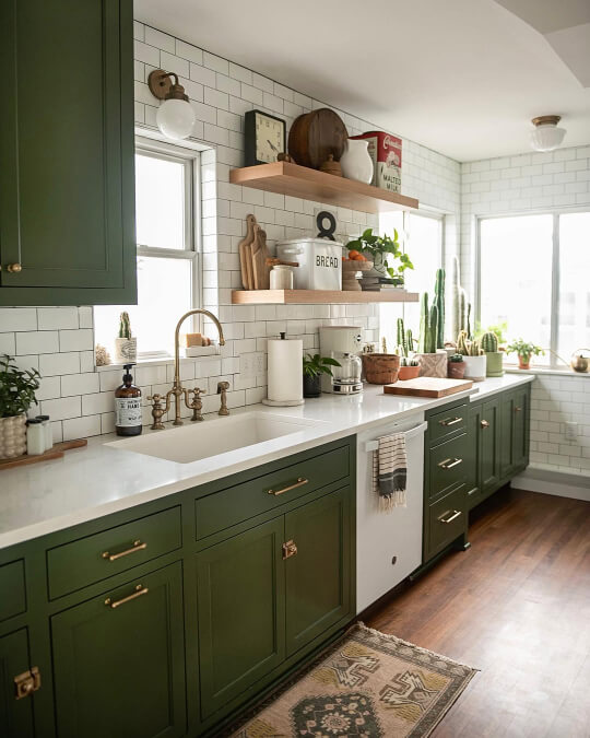 Sherwin Williams Rookwood Dark Green on cabinets in a long galley style kitchen.