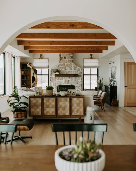 Benjamin Moore Swiss Coffee in an open plan cottage style home.