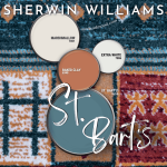 Sherwin Williams color palette for St. Bart's features coordinating colors baked clay, Extra White, and Marshmallow, all swatched on paint lids alongside St. Bart's over a rug in similar colors