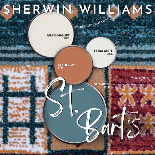 Sherwin Williams color palette for St. Bart's features coordinating colors baked clay, Extra White, and Marshmallow, all swatched on paint lids alongside St. Bart's over a rug in similar colors
