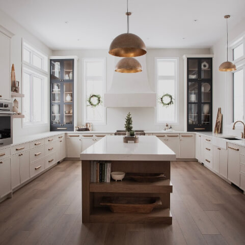 Benjamin Moore Wind's Breath on lower cabinets in a huge kitchen with a wood island and large copper pendant lamps.