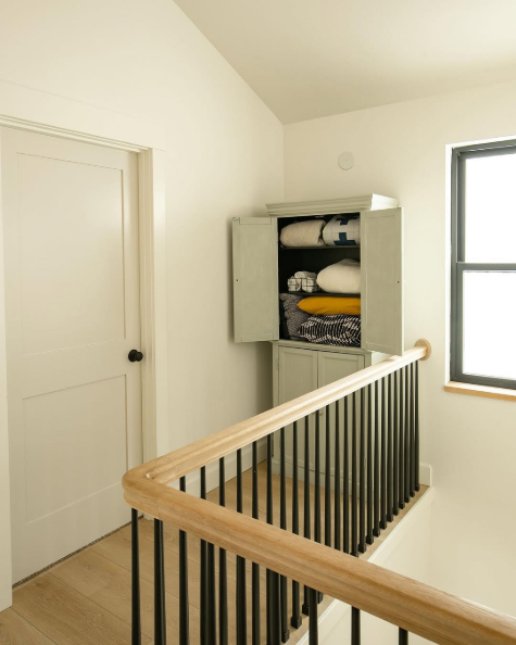 Benjamin Moore Swiss Coffee at 75% and Balboa Mist doors