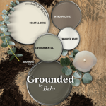 Behr Grounded color palette features Coastal Beige, Whisper White, Environmental, and Introspective over a natural tone collage