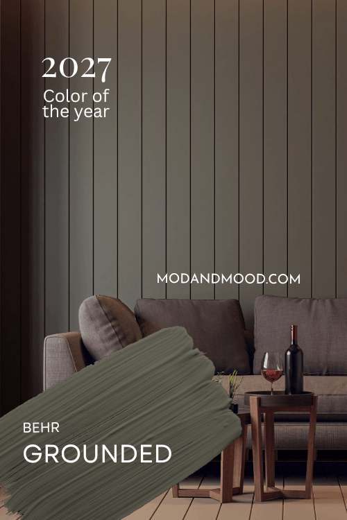 Grounded swatched over a photo of the color on shiplap in a living room