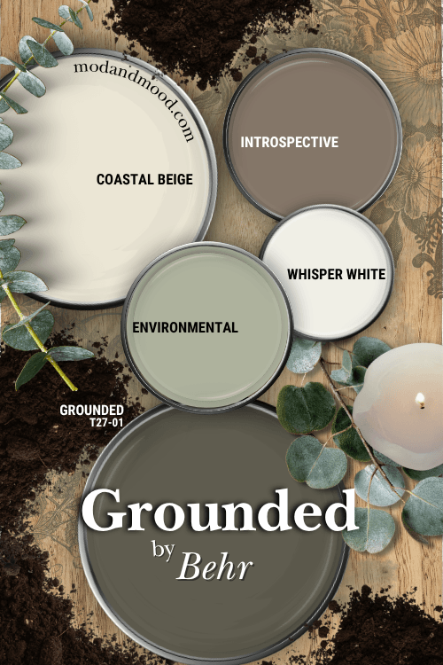 Behr Grounded color palette features Coastal Beige, Whisper White, Environmental, and Introspective over a natural tone collage