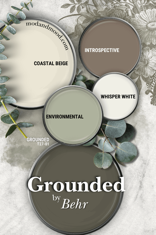 Behr Grounded color palette features Coastal Beige, Whisper White, Environmental, and Introspective over a natural tone collage