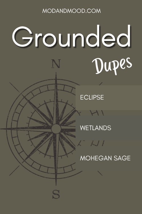 Dupes for Grounded swatched over a background of the color with a sketch of a compass in between for contrast. Colors are Wetlands, Mohegan Sage, and Eclipse.