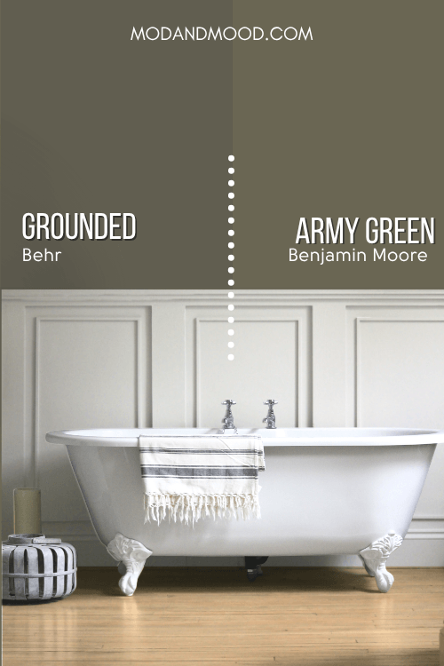Benjamin Moore Army green vs Grounded each on half of a wall behind greige shiplap and a clawfoot tub.