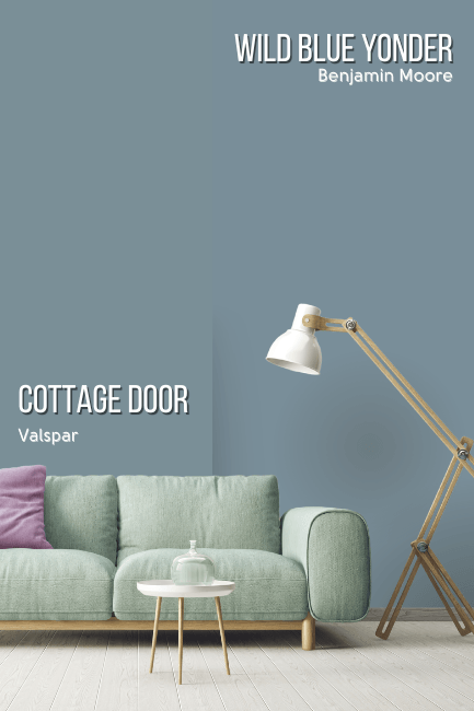 Valspar Cottage Door on half of a wall and Benjamin Moore dupe Wild Blue Yonder on the other half behind a green sofa.