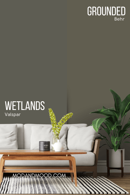 Valspar dupe for Grounded "wetlands" swatched behind a white sofa.