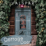 Swatch of Valspar Cottage Door over an example of the color on a door in a wood house