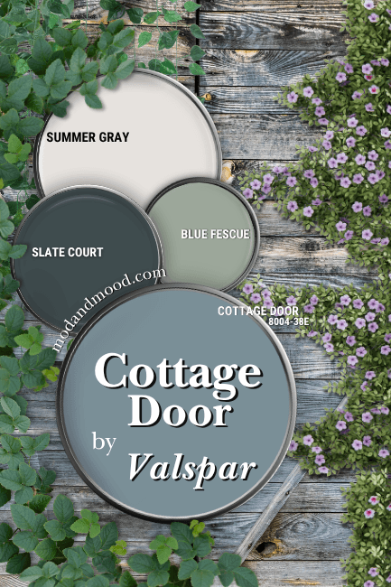 valspar Cottage Door color palette features Cottage Door, Blue Fescue, Summer Gray, and Slate Court all on paint lids over a wooden doors with climbing vines.