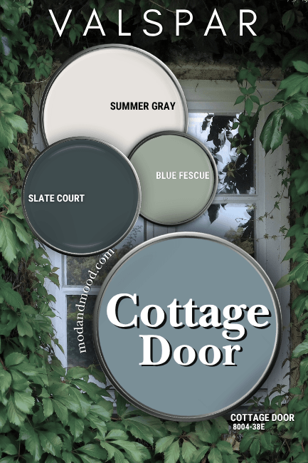 valspar Cottage Door color palette features Cottage Door, Blue Fescue, Summer Gray, and Slate Court all on paint lids over a photo of a cottage window and climbing vines