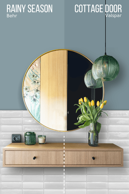 Behr Rainy Season on half of a wall and Cottage Door on the other half behind a round mirror and vanity.
