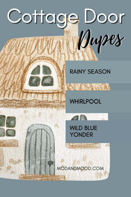 Valspar Cottage door background with dupes over top: Whirlpool, Wild blue Yonder, and Rainy Season, over a graphic of a cottage.