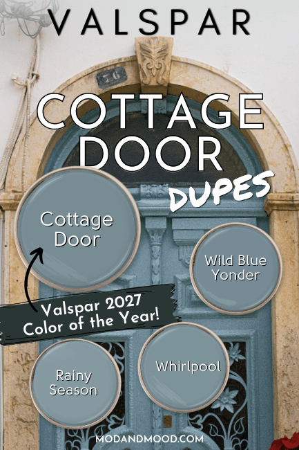 Valspar Cottage Door swatched alongside dupes Wild blue yonder, Whirlpool, and Rainy Season.