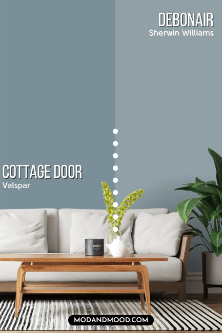 Sherwin williams Debonair on half of a wall and Cottage Door on the other half behind a white sofa.