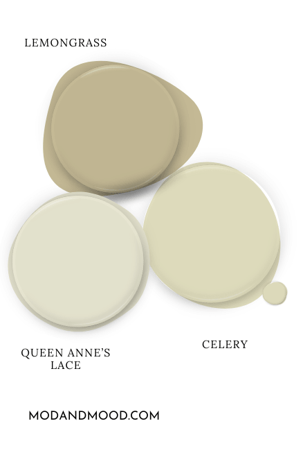 Sherwin Williams Lemongrass, celery, and queen annes lace swatched together