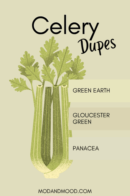Celery dupes swatched down the right side over a graphic of celery and the color on the background.