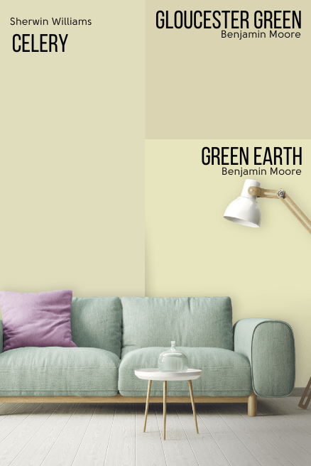 Sherwin williams Celery on half of a wall compared to Green Earth and Gloucester Green on the other half.
